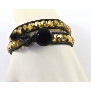 2 rows leather and glass beads bracelet black and gold